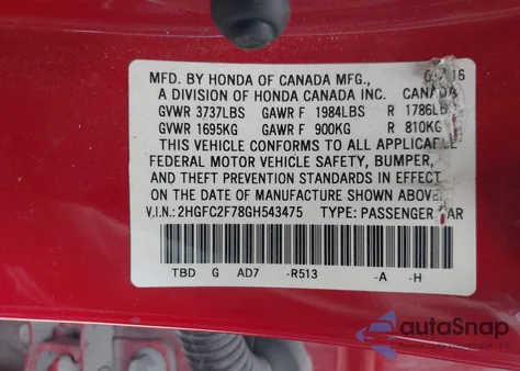 2016 Honda Civic Ex from USA, damaged, VIN 2HGFC2F78GH543475